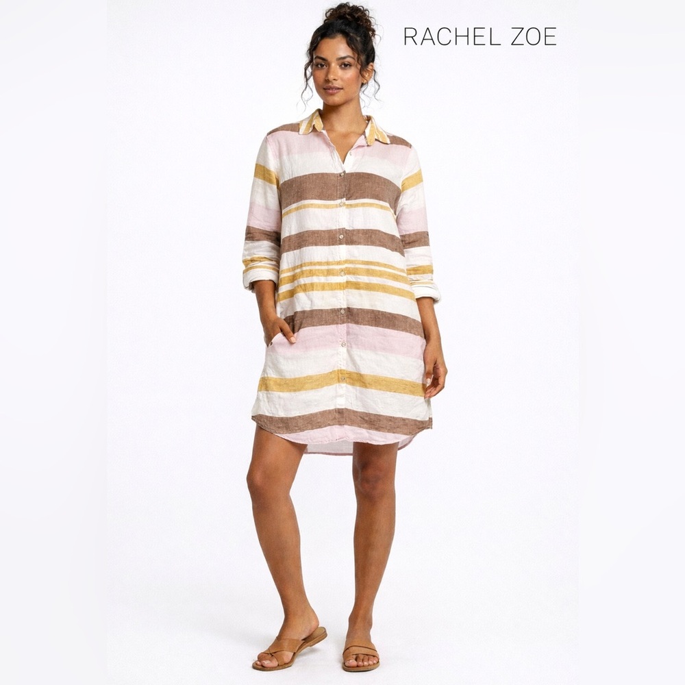 Rachel Zoe 100% Linen Striped Shirt Dress Tunic Medium Bust Boho resort